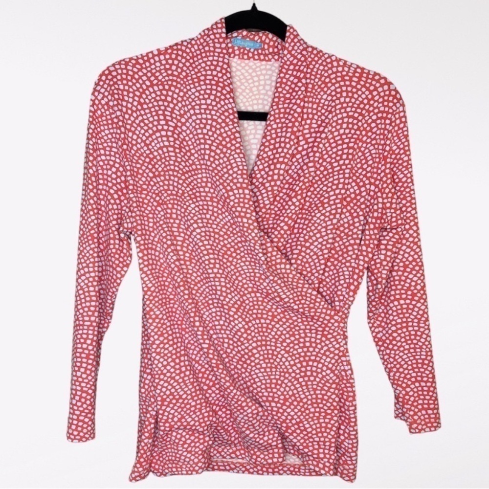 J. McLaughlin Coral Blue Faux Wrap 3/4 Sleeve Catalina Cloth Stretchy Blouse Top